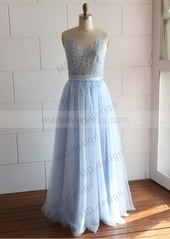 Light Blue Lace Tulle Long Prom Dress